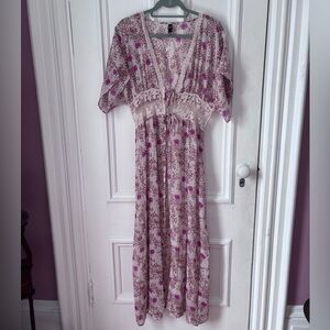 Women’s ALYA Sheer Floral Short Sleeve Tie Front Boho Maxi Dress L/XL